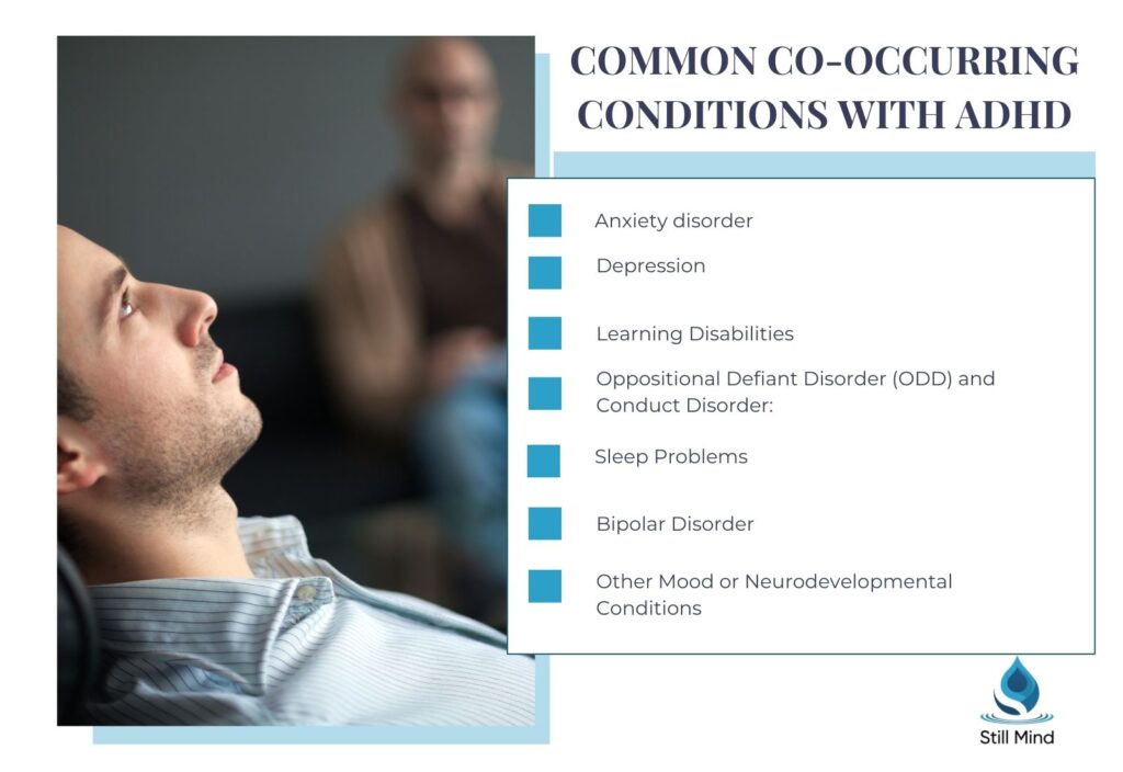 Common co-occurring (comorbid) conditions in people diagnosed with ADHD: Anxiety Disorder, Depression, Learning Disabilities, Oppositional Defiant Disorder (ODD) and Conduct Disorder, Sleep Problems, Bipolar Disorder, and other Mood or Neurodevelopmental Conditions. Published by Still Mind.