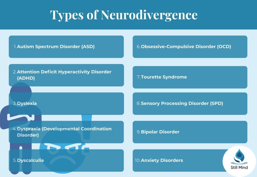 10 types of neurodivergence including ASD, ADHD, Dyslexia, Dyspraxia, Dyscalculia, OCD, Tourette Syndrome, SPD, Bipolar Disorder, and Anxiety Disorders. Created by Still Mind Florida.