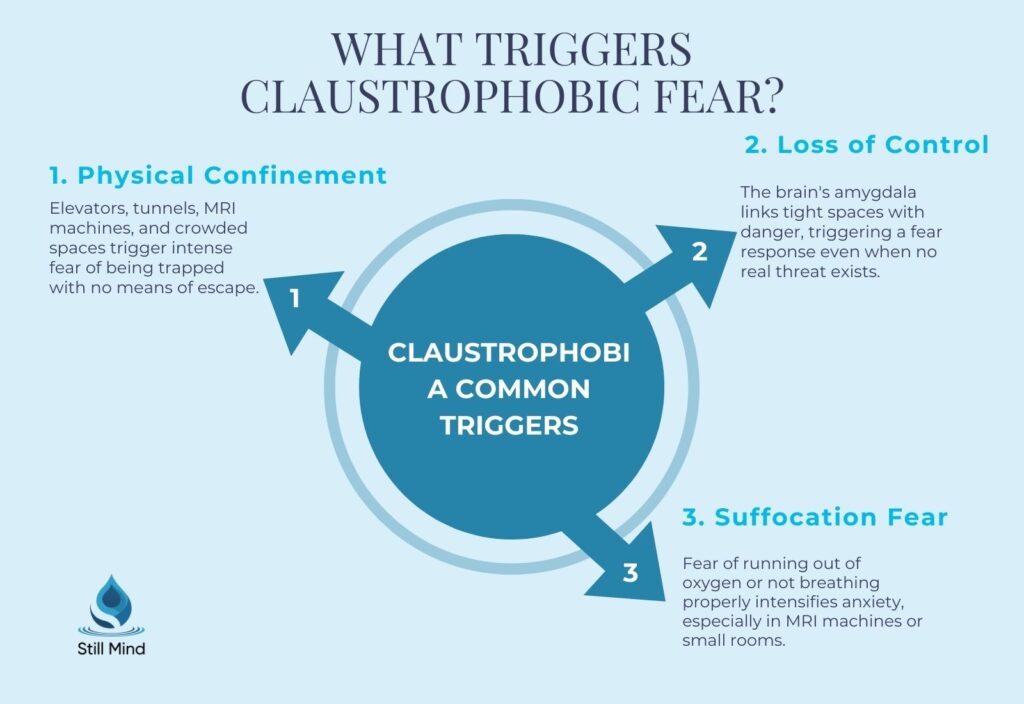 3 claustrophobia triggers  physical confinement in elevators and MRI machines, amygdala-driven loss of control fear response, and suffocation fear in tight spaces.