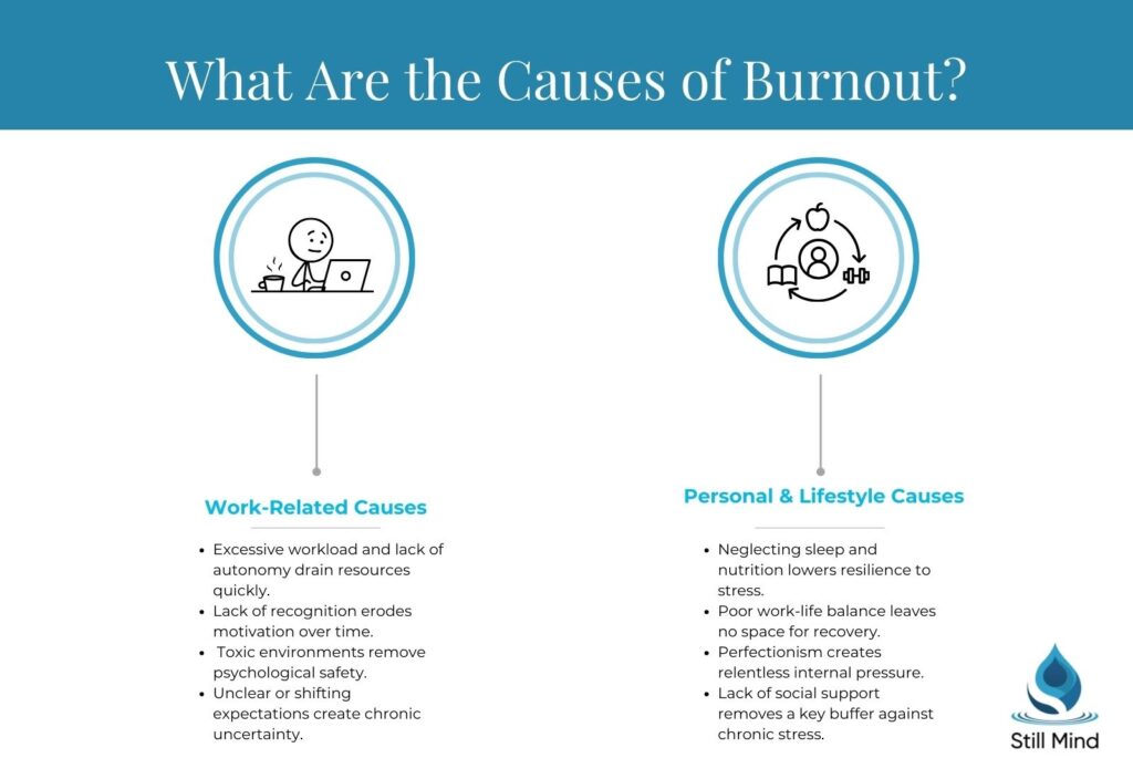 Work-related and personal/lifestyle causes of burnout, including excessive workload, lack of recognition, poor work-life balance, and perfectionism. Created by Still Mind Florida.