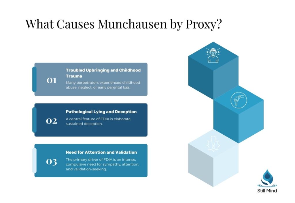 Infographic: 3 causes of Munchausen by Proxy (FDIA), childhood trauma, pathological deception, and need for attention/validation