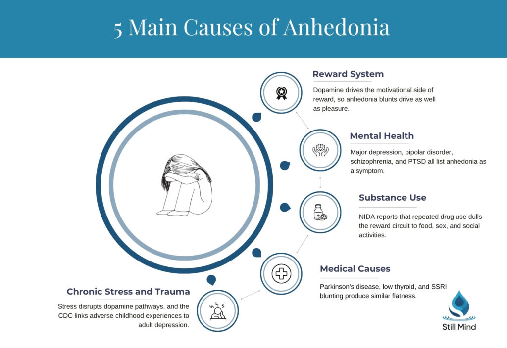 Infographic of the 5 main causes of anhedonia: reward system, mental health conditions, substance use, medical causes, and chronic stress and trauma.