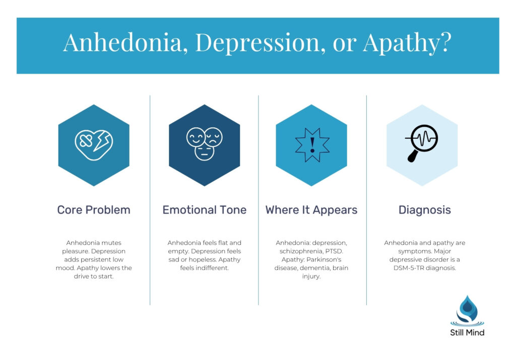 Comparison chart of anhedonia, depression, and apathy by core problem, emotional tone, where each appears, and diagnosis.